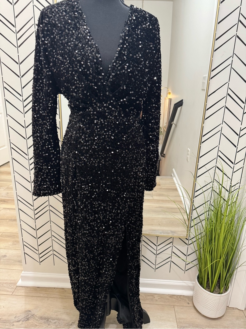 Black Sequin Deep V Wrap Slit Midi Dress